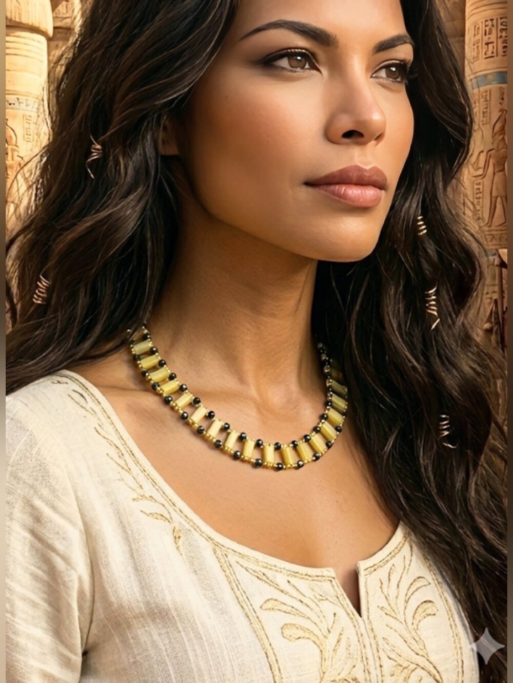 Natural Yellow Jade & Malachite In Ancient Egyptian Inspired Handwoven Necklace